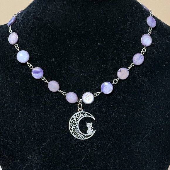 Purple Mother of Pearl Beaded Short Necklace + Cat on the Moon Pendant - Picture 3 of 13